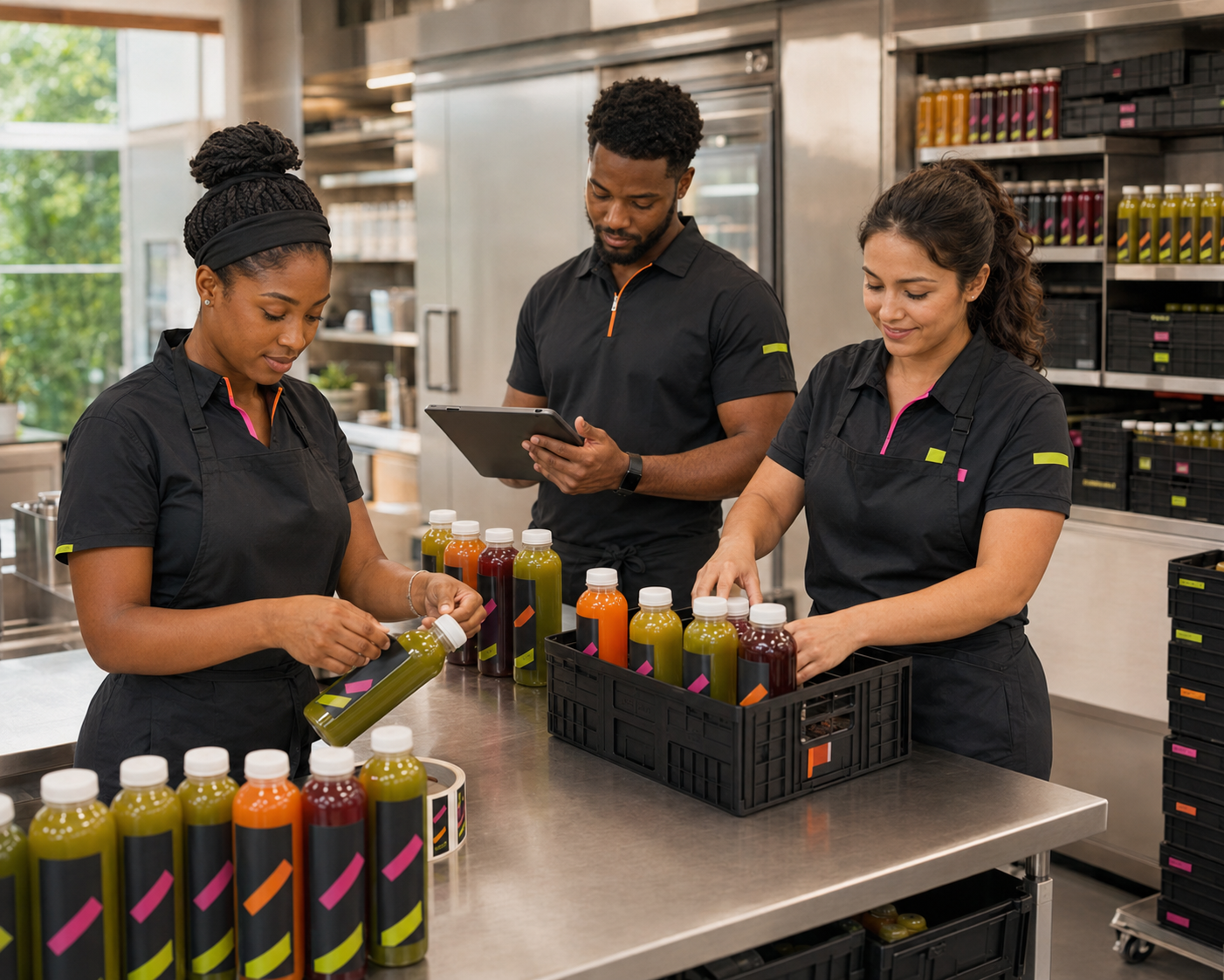 Project BLOOM Fellows labeling products, managing inventory, and packing juice orders in the Bloom Fuel Bar production space