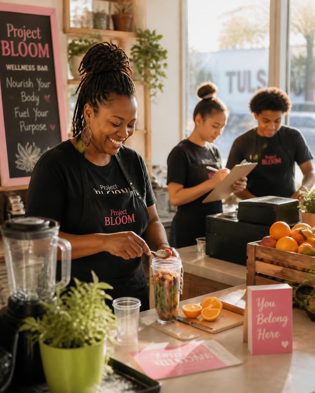 Project BLOOM team members and youth working together at a Tulsa wellness bar